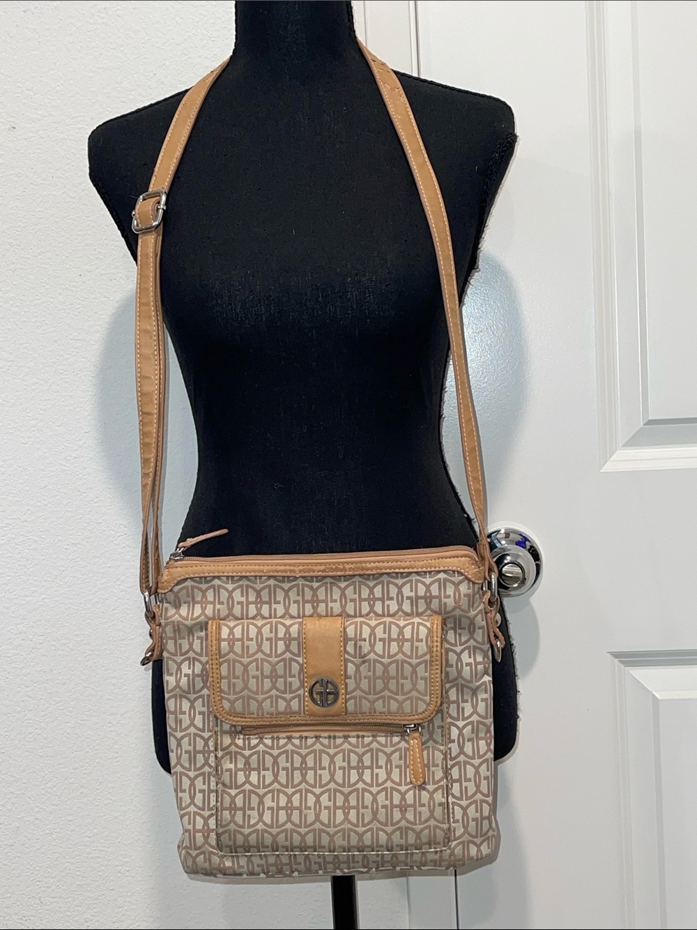 Tignanello Beige and Tan Monogram Crossbody Bag